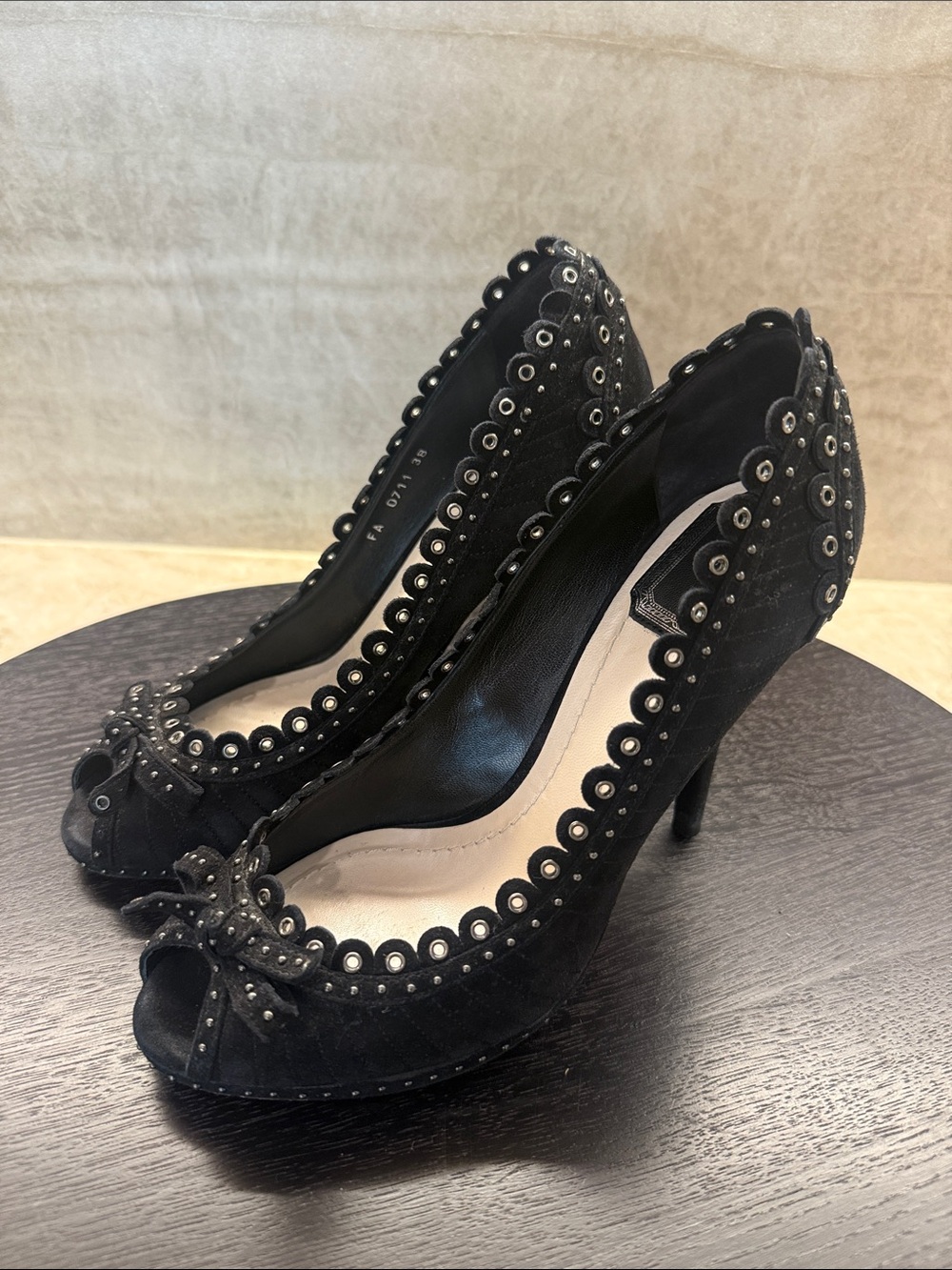 Vintage Christian Dior Black Suede Studded Muse Peep-Toe Heels with Bow - Picture 2 of 5
